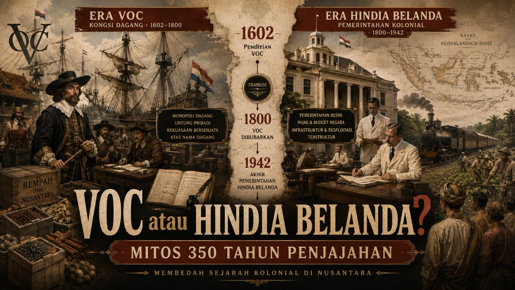 Ilustrasi sejarah kolonial Nusantara yang membandingkan era VOC dan Pemerintah Hindia Belanda