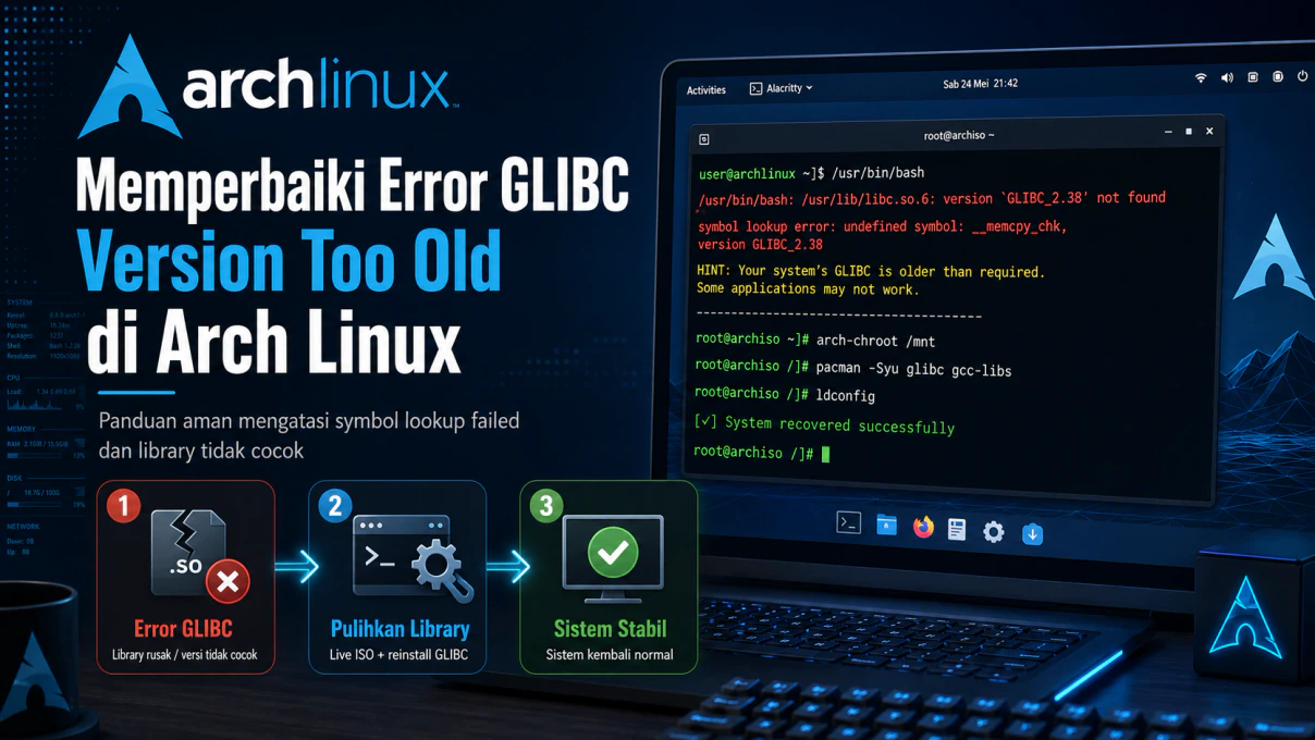 Ilustrasi terminal Arch Linux saat memulihkan error GLIBC version not found dan symbol lookup failed