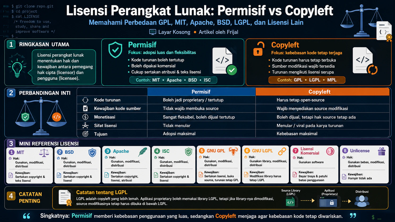 Lisensi Perangkat Lunak: Perbedaan Permisif vs Copyleft (GPL, MIT, Apache)