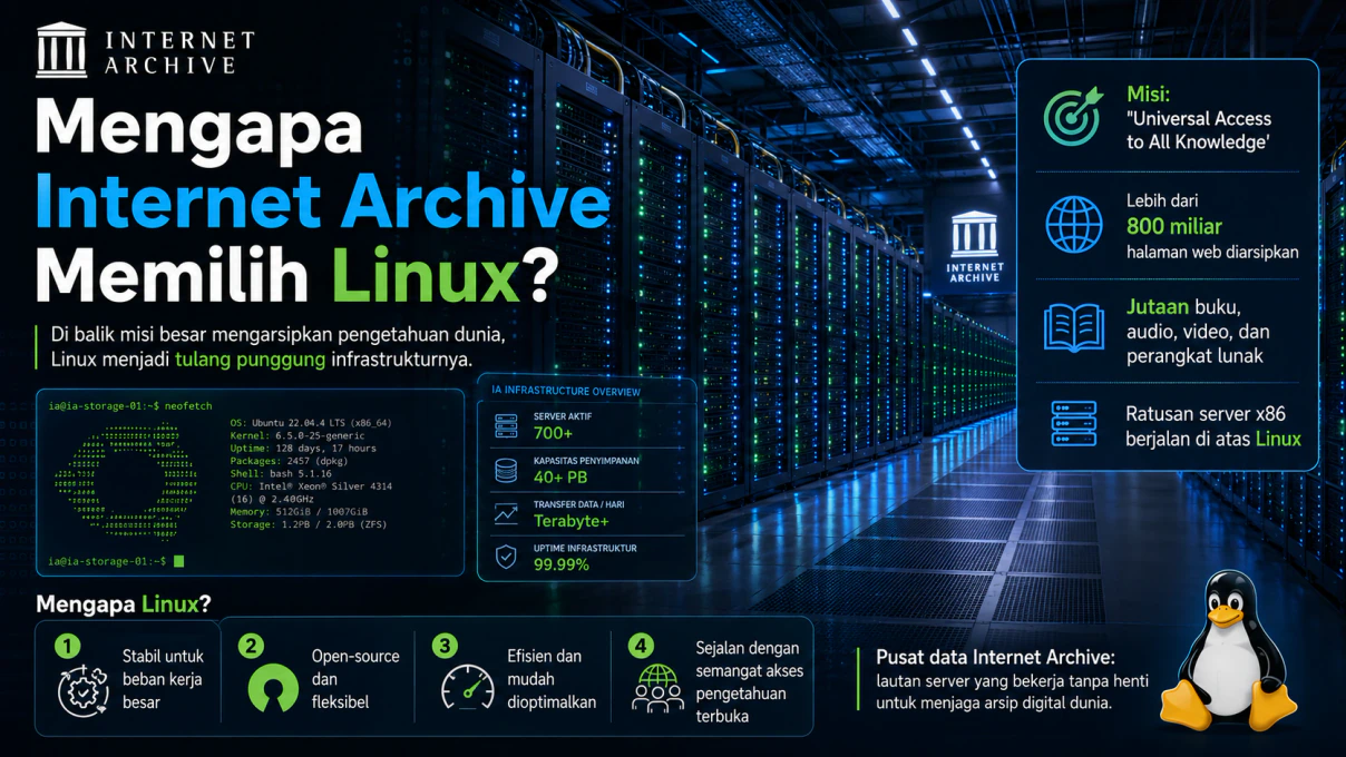 Rak server dengan lampu LED berkedip yang menggambarkan pusat data Internet Archive yang berjalan di atas Linux
