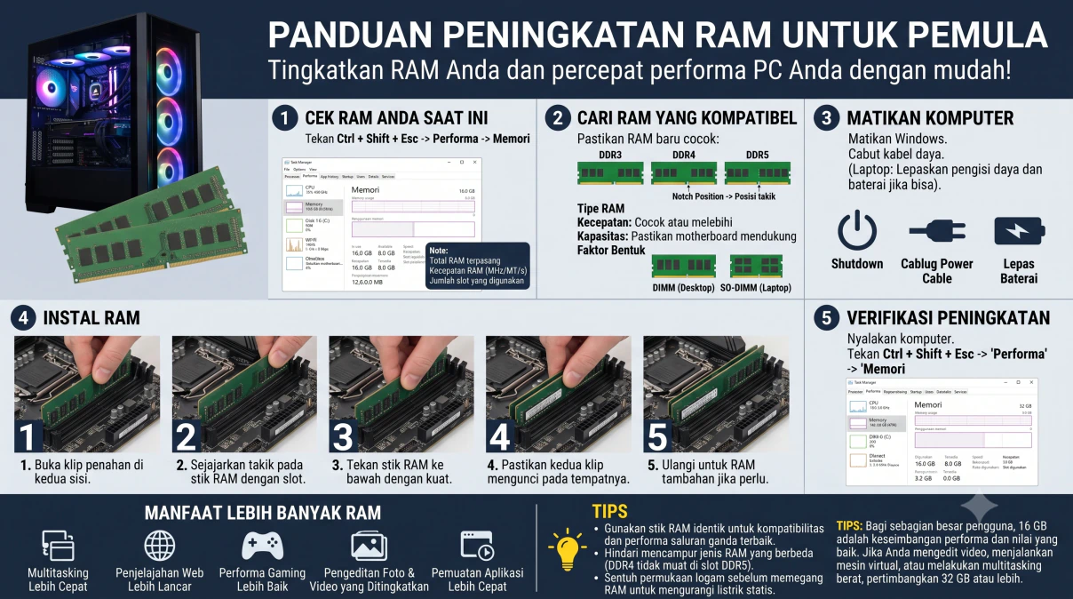 Ilustrasi komponen memori RAM pada motherboard komputer desktop dan laptop