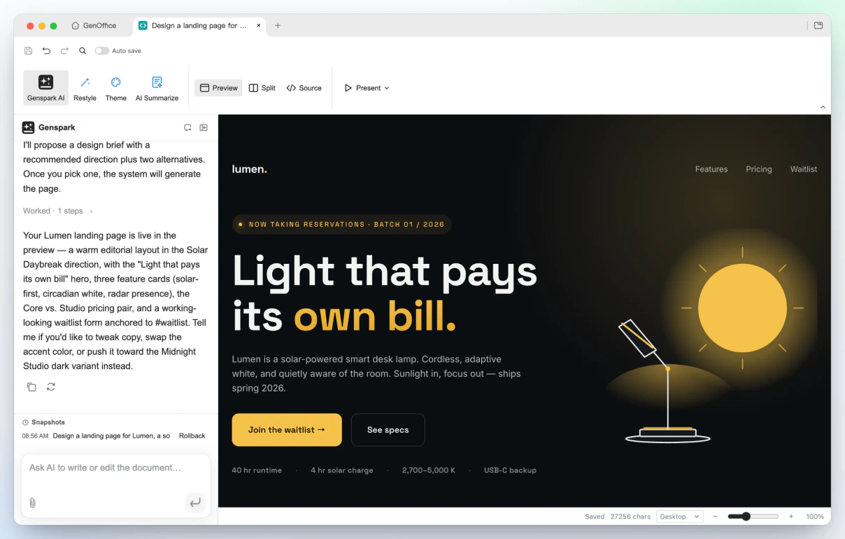 GenOffice HTML: halaman landing untuk lampu meja solar dalam arah Midnight Studio, ditampilkan di pratinjau langsung