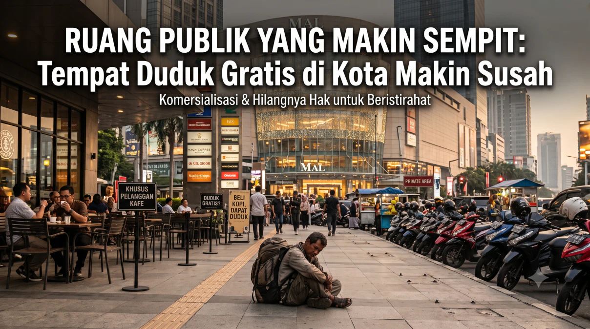 Trotoar di kota besar yang dipenuhi pedagang kaki lima dan kendaraan, tanpa bangku atau ruang untuk duduk