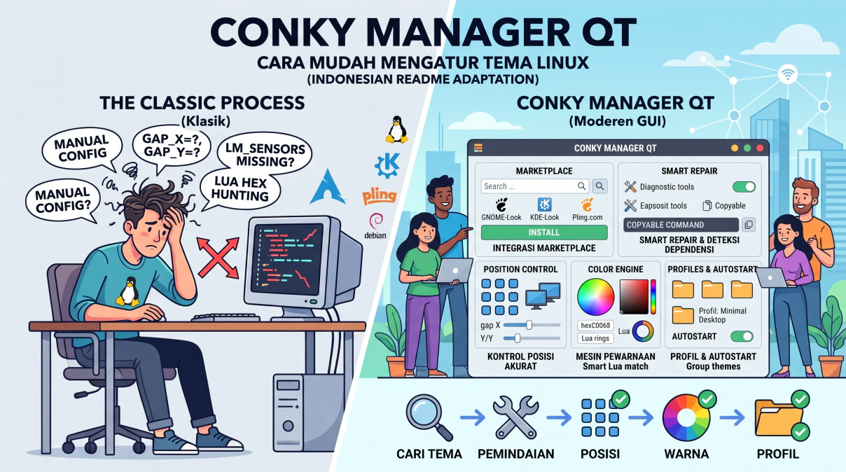 Ilustrasi desktop Linux dengan tema widget yang dikelola menggunakan antarmuka grafis Conky Manager Qt