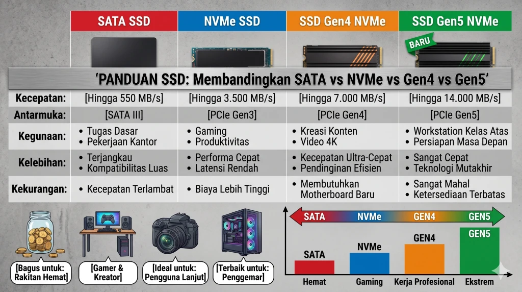 Infografis Panduan Membandingkan SATA vs NVMe vs Gen4 vs Gen5