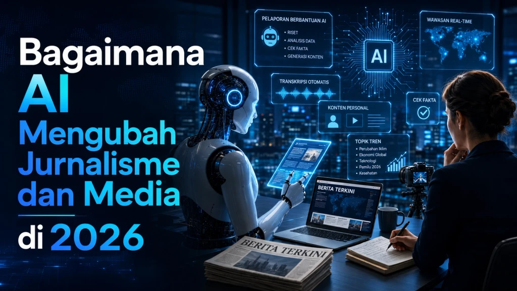 Ilustrasi konseptual penggabungan mesin kecerdasan buatan dengan elemen jurnalistik dan ancaman zero click