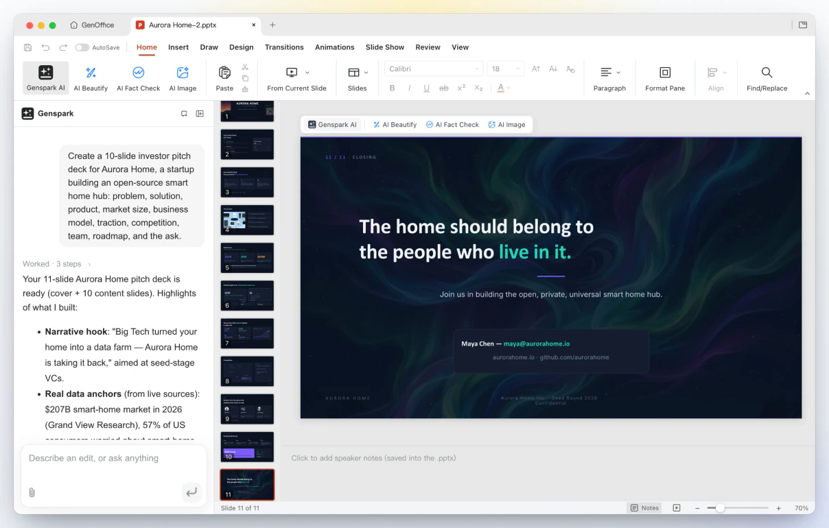 GenOffice Slides: slide penutup dari dek 11 slide dengan strip thumbnail di kiri dan panel AI