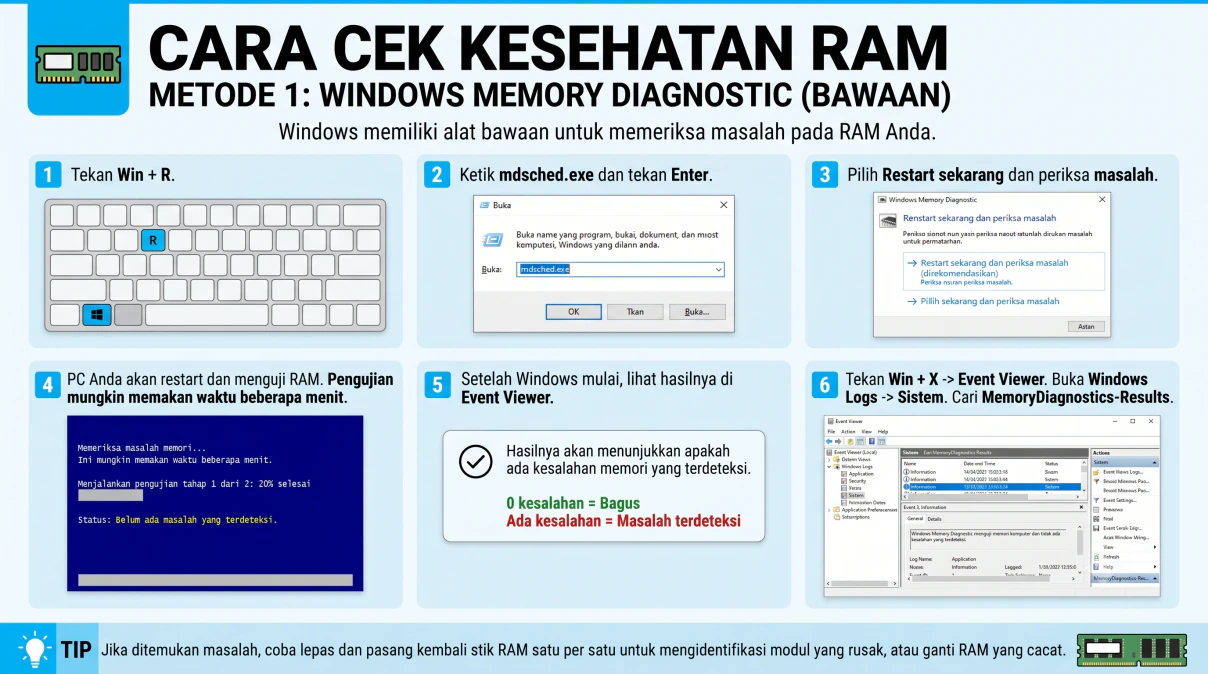 Ilustrasi pengecekan kesehatan komponen RAM pada sistem operasi Windows
