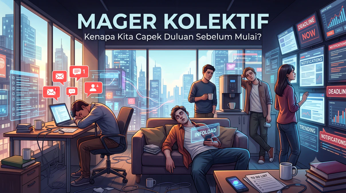 Seseorang duduk di depan laptop dengan ekspresi lelah dan cemas, menggambarkan kelelahan mental sebelum memulai aktivitas