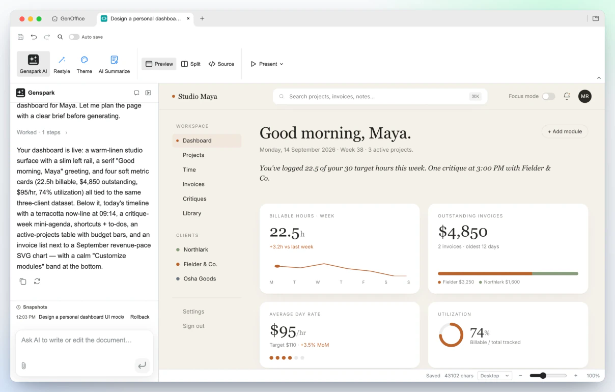 GenOffice HTML: dasbor pribadi untuk desainer freelance dalam gaya linen hangat dengan rail kiri, sapaan serif, dan empat kartu metrik