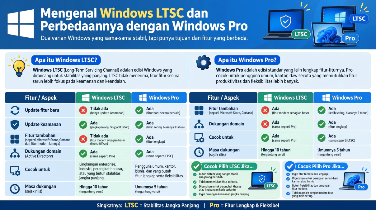 Ilustrasi konseptual perbandingan sistem operasi Windows LTSC dan Windows Pro