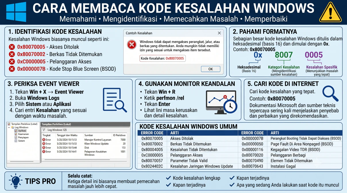 Ilustrasi layar monitor komputer menampilkan kotak peringatan kode kesalahan sistem operasi Windows