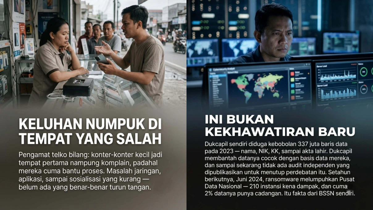 Ilustrasi ancaman siber ransomware dan kebocoran data di sistem pencatatan Dukcapil