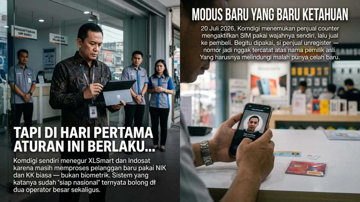 Pelanggan mengeluhkan masalah registrasi kepada petugas konter kecil akibat sistem biometrik yang bermasalah