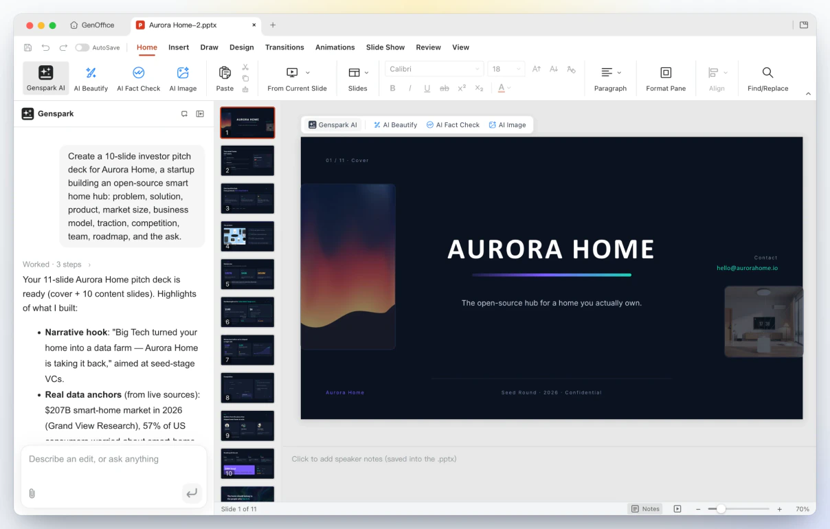 GenOffice Slides: slide sampul dek investor Aurora Home dengan prompt satu baris dan ringkasan AI di panel
