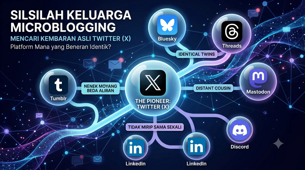 Ilustrasi perbandingan platform microblogging pengganti Twitter dan berbagai ekosistem media sosial