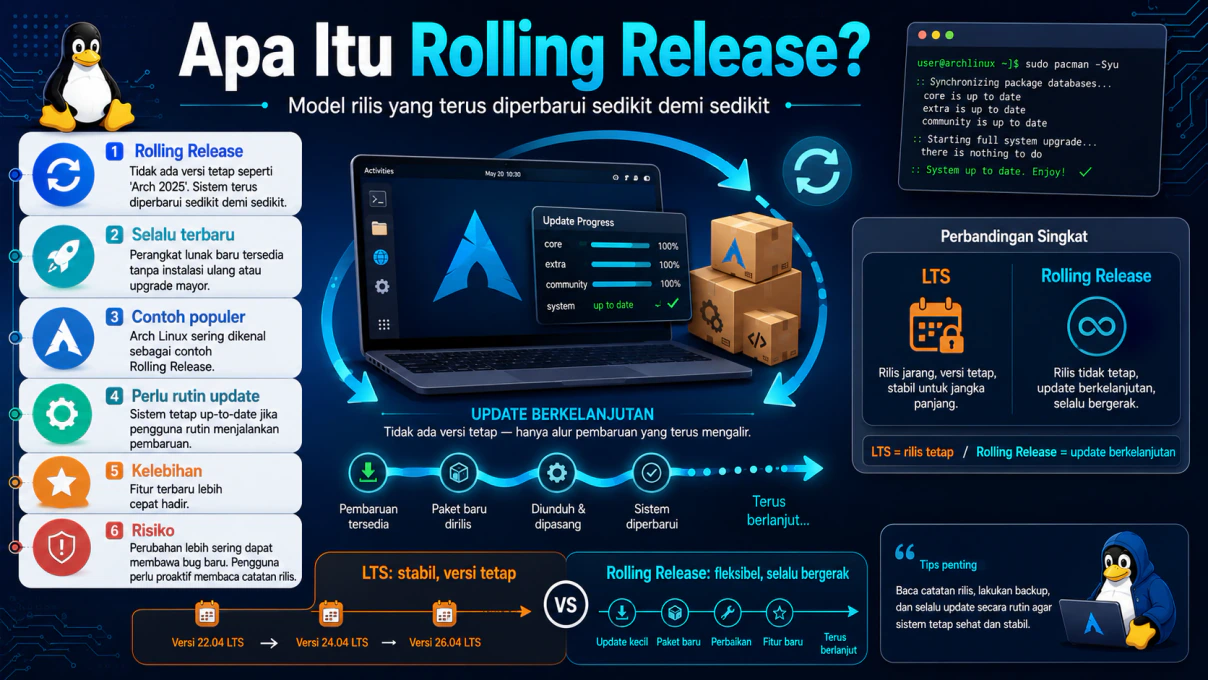 Ilustrasi pembaruan kontinu di Rolling Release