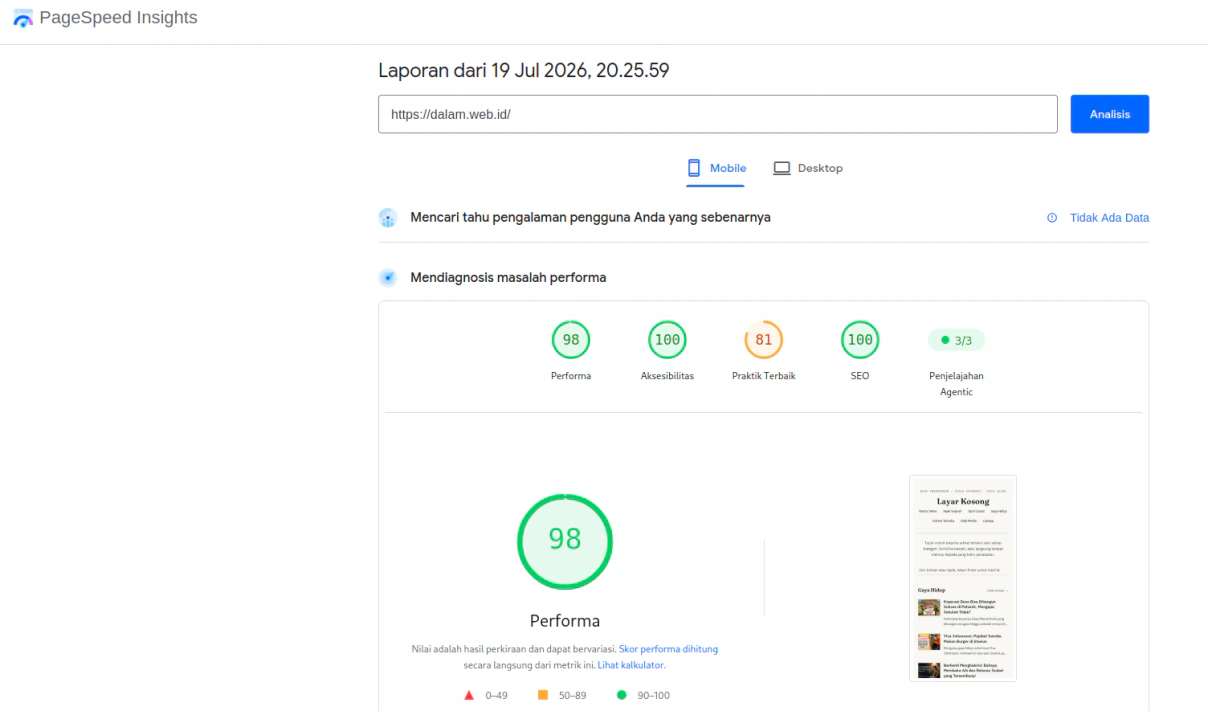 Screenshot PageSpeed versi Mobile memperlihatkan pencapaian luar biasa dengan skor Performa 98 meski ada script iklan.