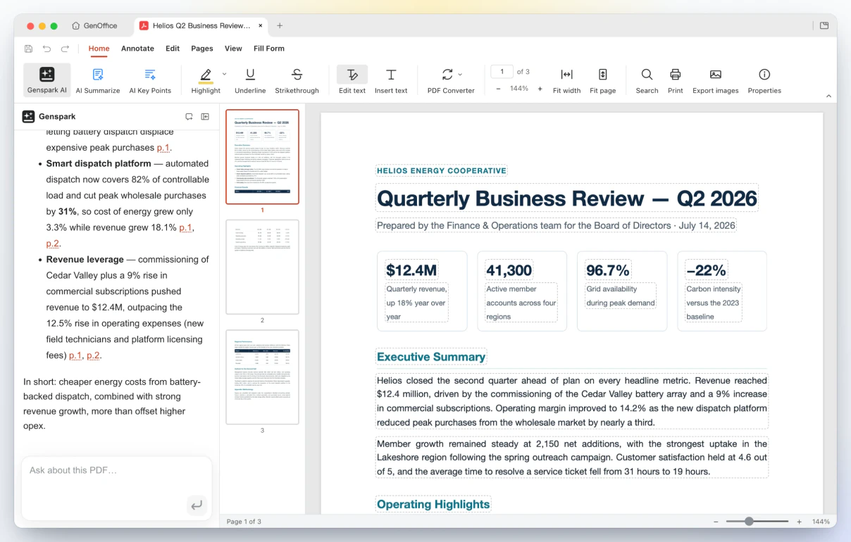 GenOffice PDF: mode Edit text menguraikan blok teks untuk pengeditan di tempat, panel AI menjawab pertanyaan dengan sitasi halaman