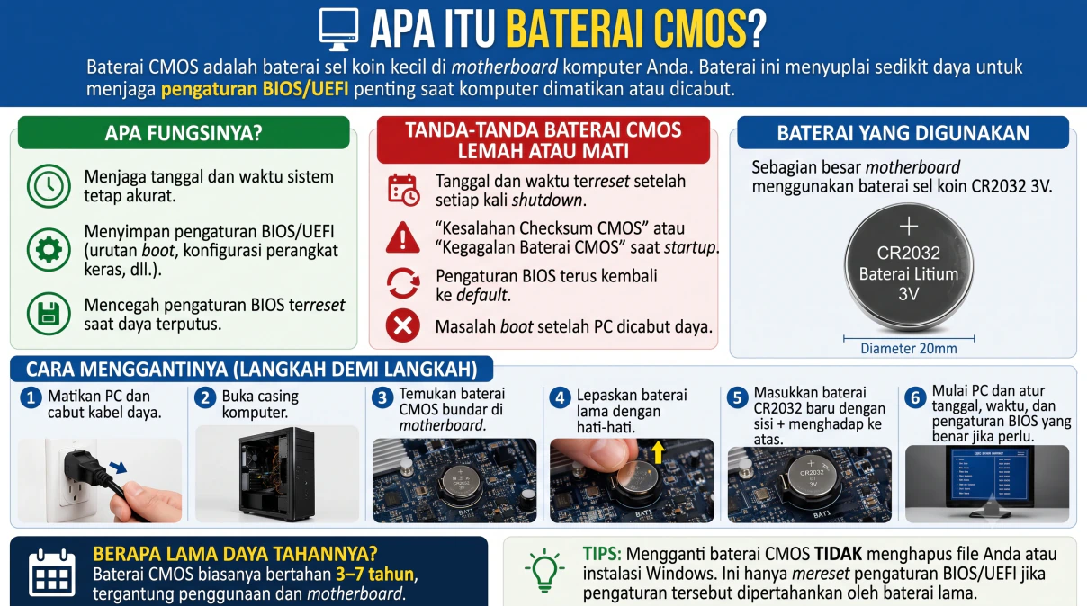 Ilustrasi posisi penempatan baterai koin tipe CR2032 pada sirkuit motherboard komputer