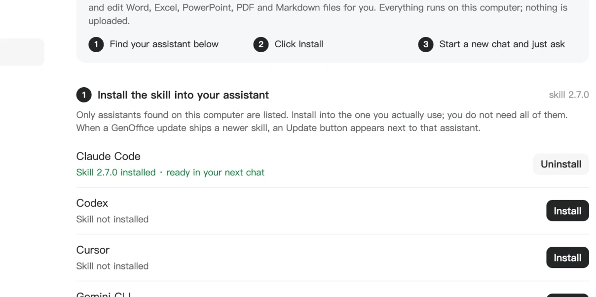 GenOffice Settings, halaman Integrations: skill genoffice terpasang di Claude Code, dengan tombol Install di samping Codex dan Cursor