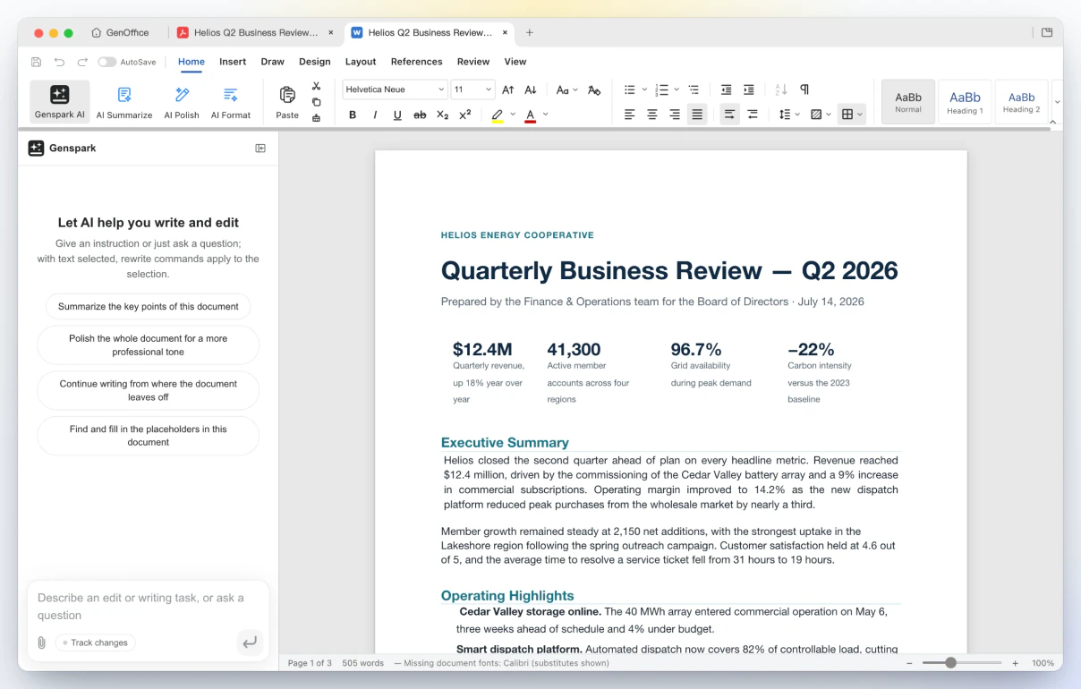 GenOffice Docs menampilkan dokumen Word yang dikonversi secara lokal dari PDF, dibuka di tab kedua
