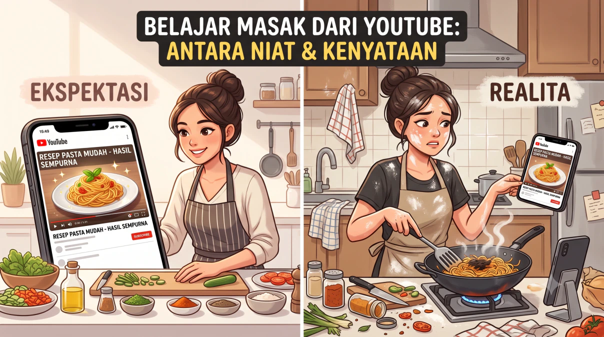 Ilustrasi perbandingan antara video tutorial masak yang sempurna di layar dan dapur berantakan dengan panci gosong di kehidupan nyata