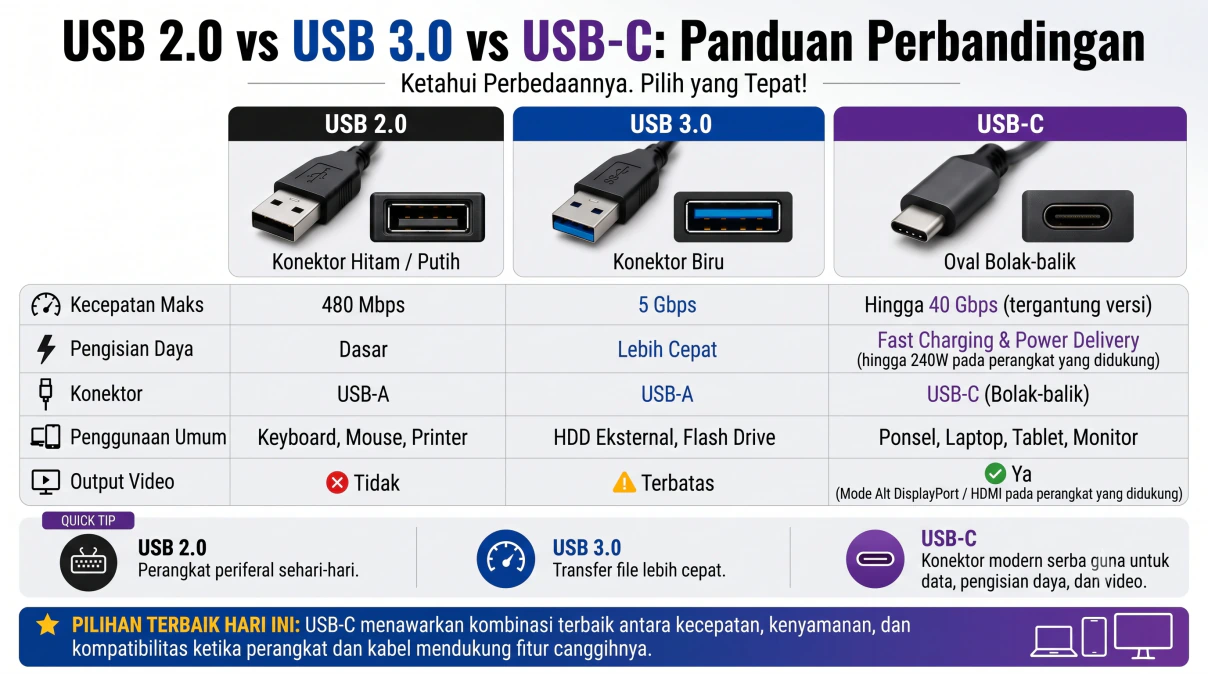 Ilustrasi perbandingan berbagai jenis ujung kabel USB 2.0, USB 3.0, dan konektor USB-C modern