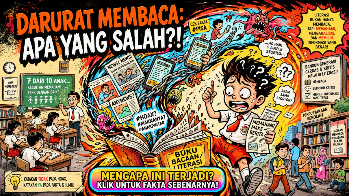 Ilustrasi anak-anak duduk membaca buku dengan ekspresi serius, melambangkan pentingnya literasi dan pemahaman di era informasi