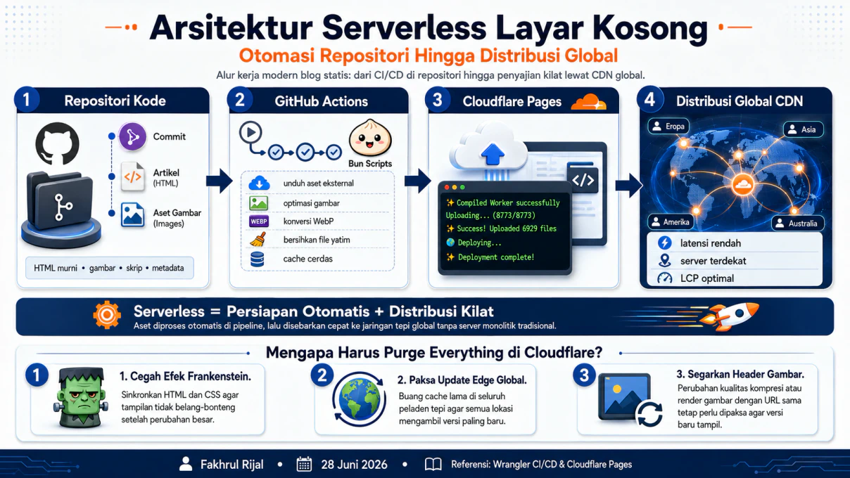 Ilustrasi konseptual arsitektur serverless yang menghubungkan kode, otomatisasi, dan jaringan distribusi global
