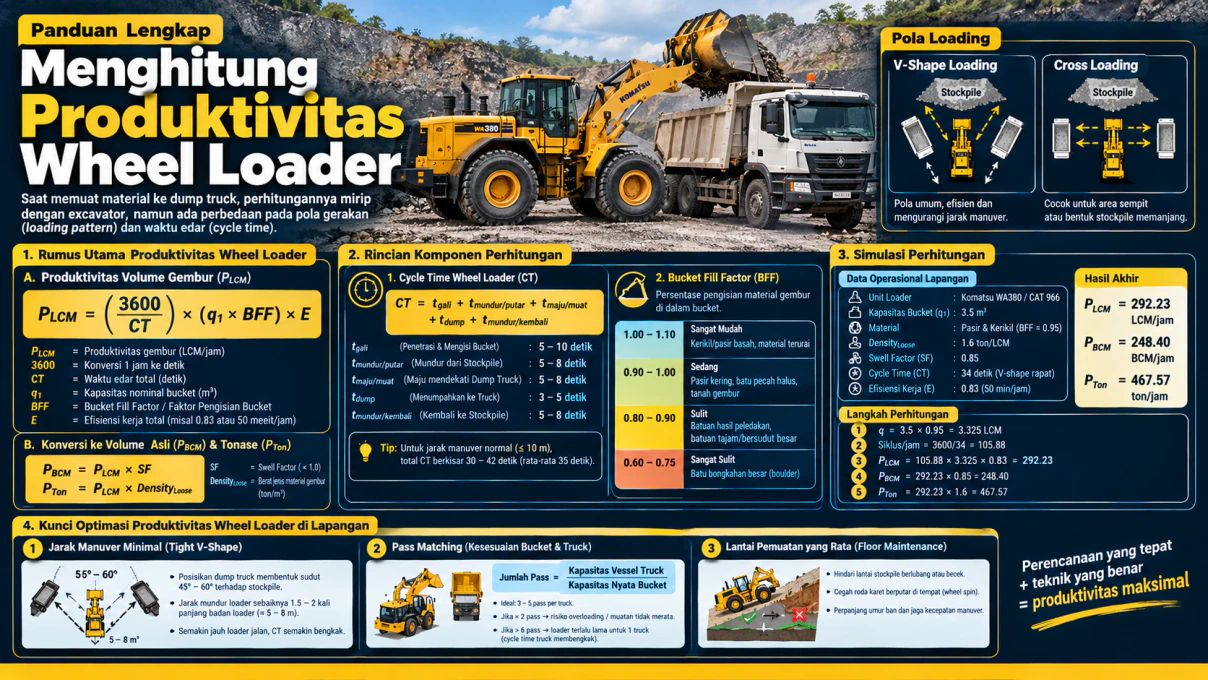 Wheel loader sedang memuat material pasir dan kerikil ke bak dump truck