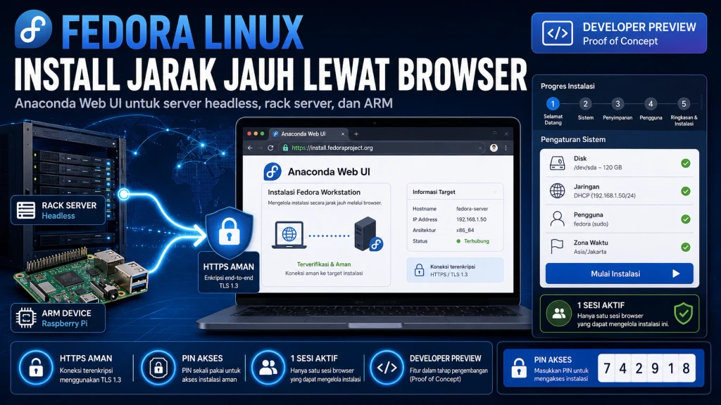 Ilustrasi instalasi Fedora Linux jarak jauh melalui browser menggunakan Anaconda Web UI pada server headless dan perangkat ARM