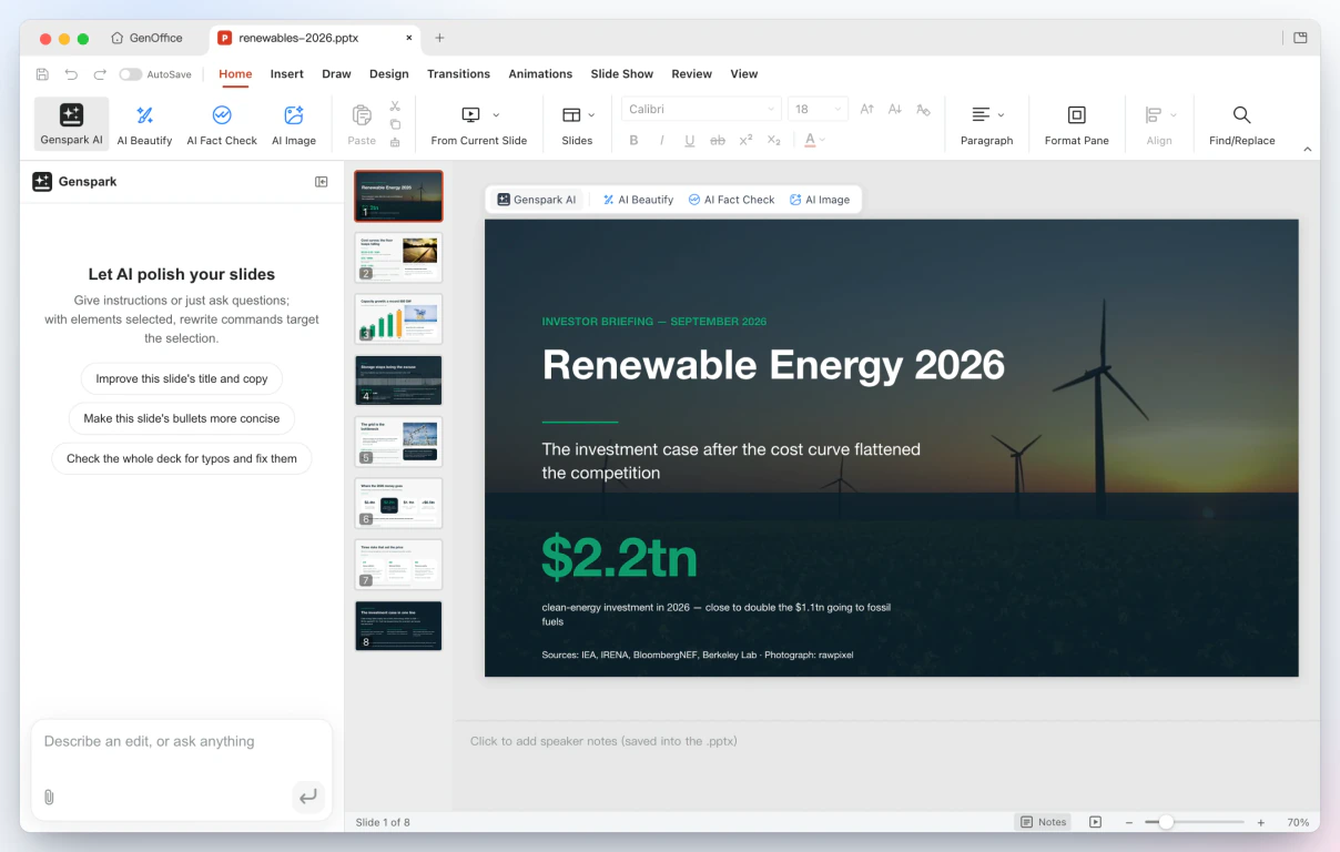 GenOffice Slides menampilkan dek Renewable Energy 2026 delapan slide yang dibuat Claude Code melalui server MCP genoffice
