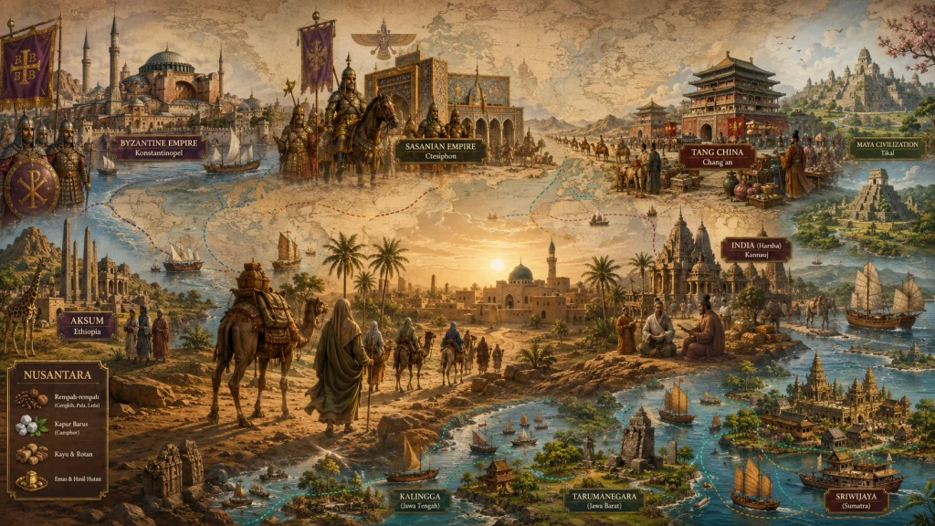 Peta dunia abad ke-7 dengan ilustrasi kerajaan Bizantium, Persia, Tang, Aksum, Harsha, Maya, dan Nusantara