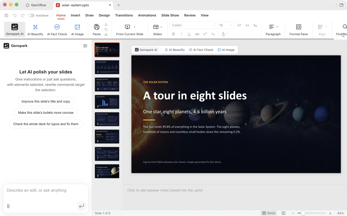 GenOffice Slides menampilkan dek Solar System delapan slide yang dibuat agen coding melalui command line genoffice