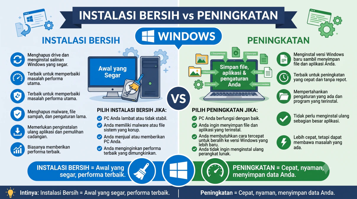 Ilustrasi konseptual yang menggambarkan pilihan antara instalasi bersih yang menghapus data dan peningkatan Windows yang menyimpan aplikasi