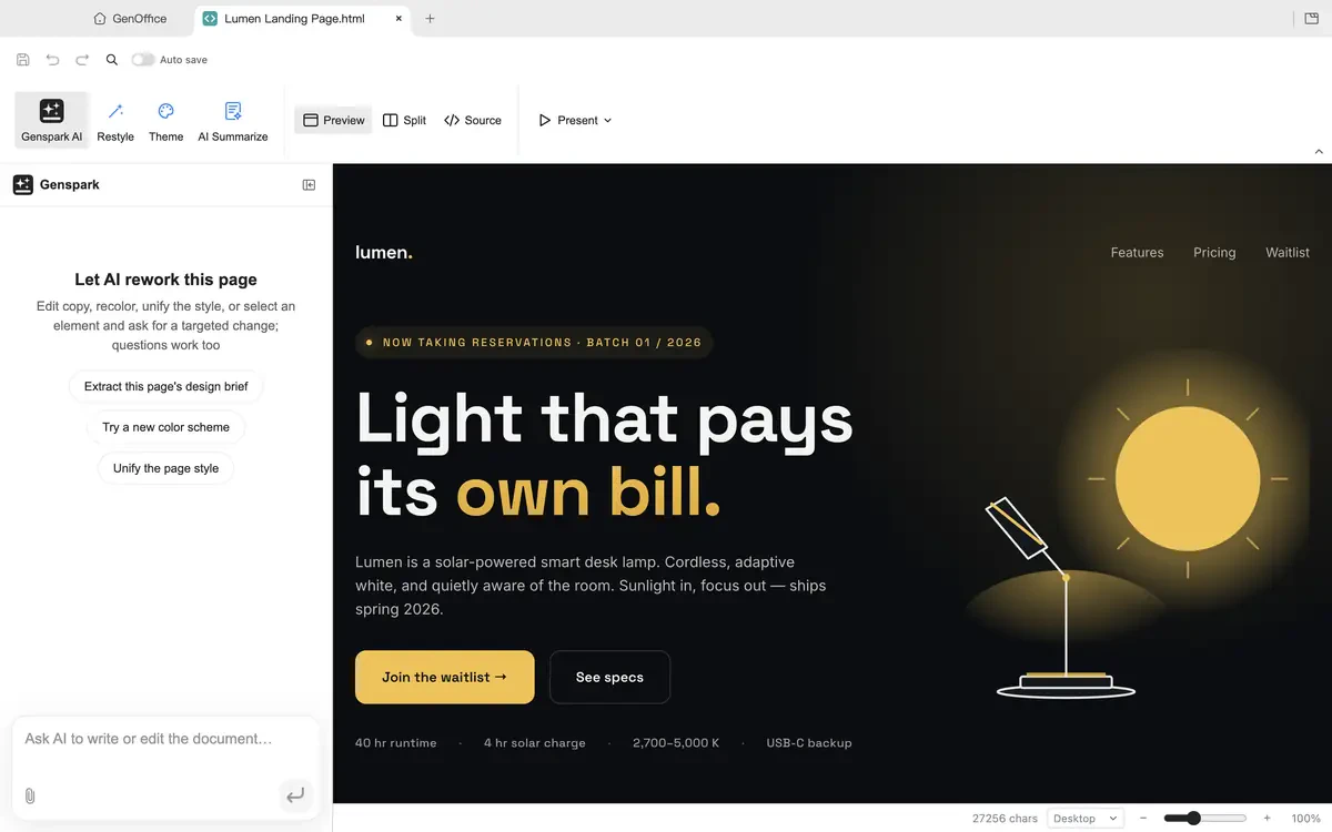Time-lapse GenOffice HTML merestyling halaman Lumen: satu permintaan Restyle mengubah halaman gelap menjadi versi terang hangat