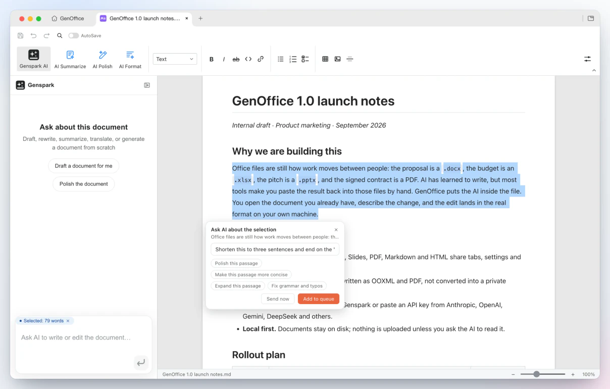 GenOffice Markdown: paragraf terpilih menampilkan popover Ask AI dengan instruksi dan chip saran seperti Polish, Make more concise, Expand