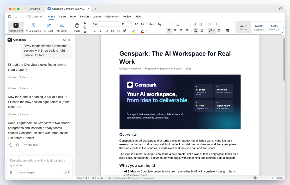 GenOffice Docs: AI merapikan Overview dan menyisipkan bagian bullet baru, panel menawarkan rollback satu klik