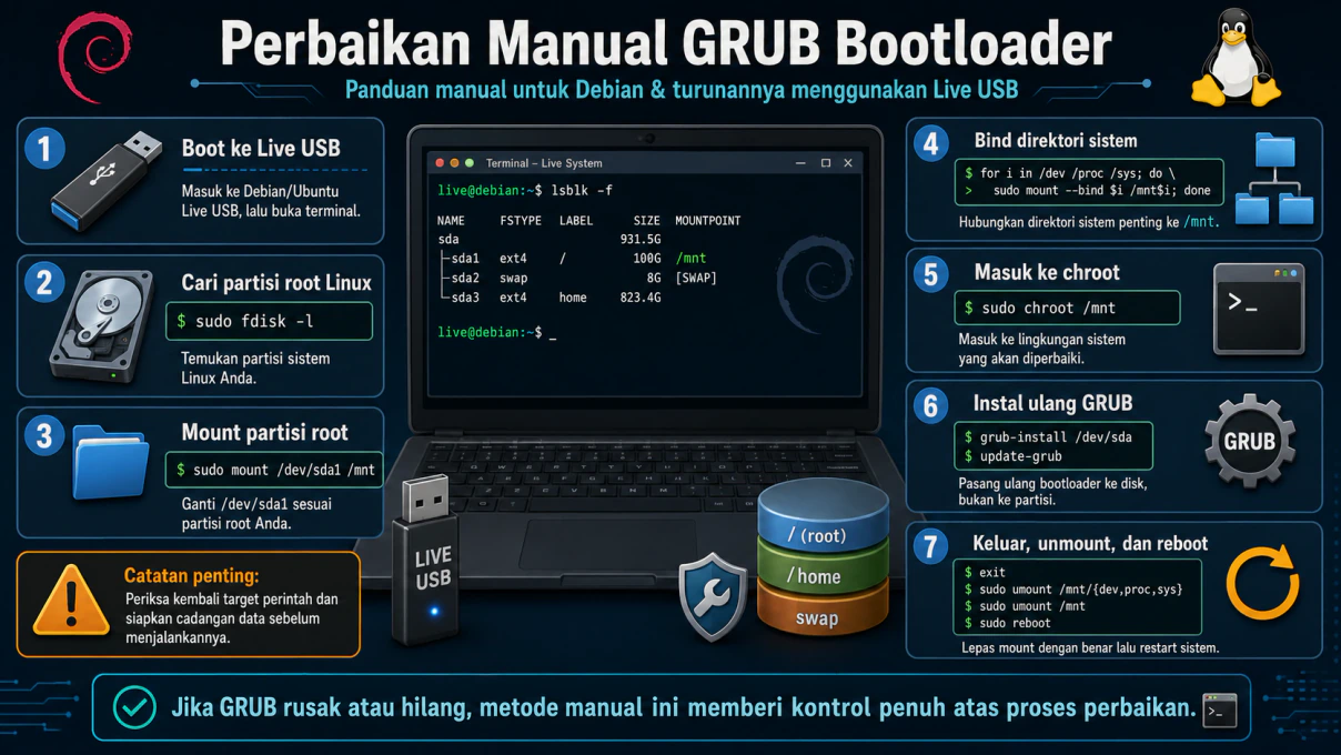 Terminal Linux sedang dalam proses perbaikan GRUB