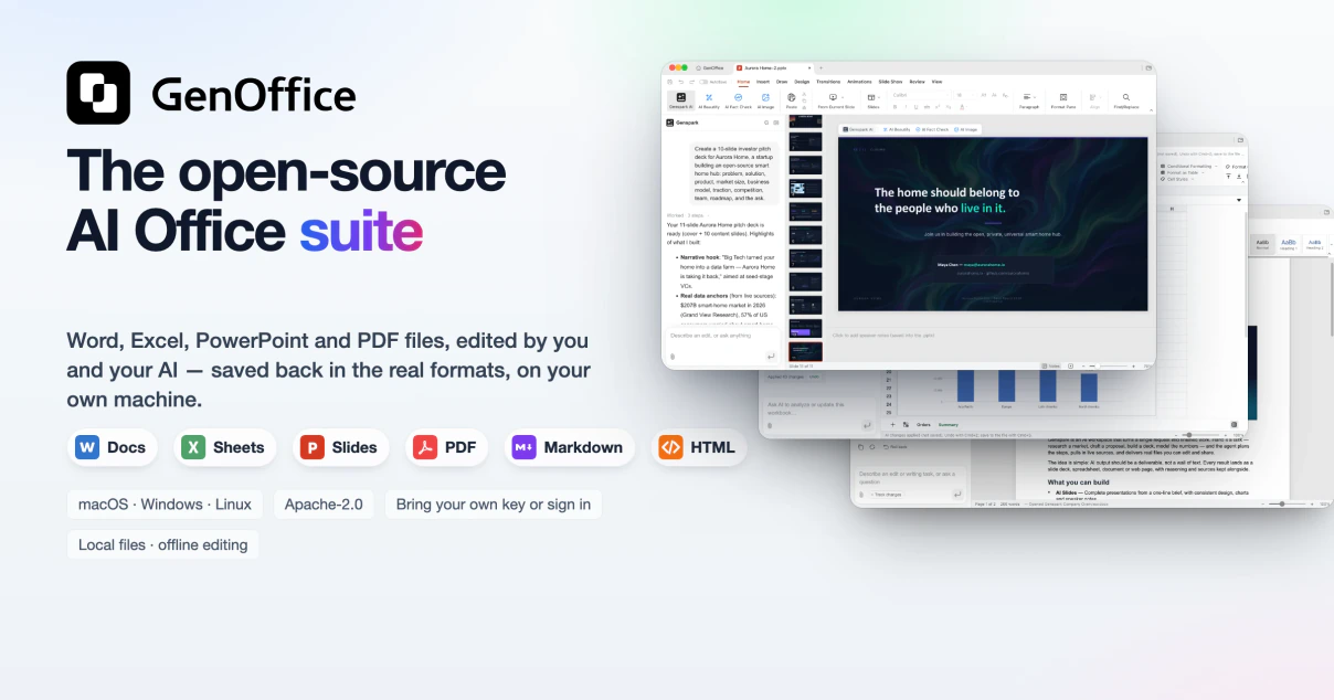 GenOffice — office suite AI open source dengan Docs, Sheets, Slides, PDF, Markdown dan HTML serta panel AI bawaan