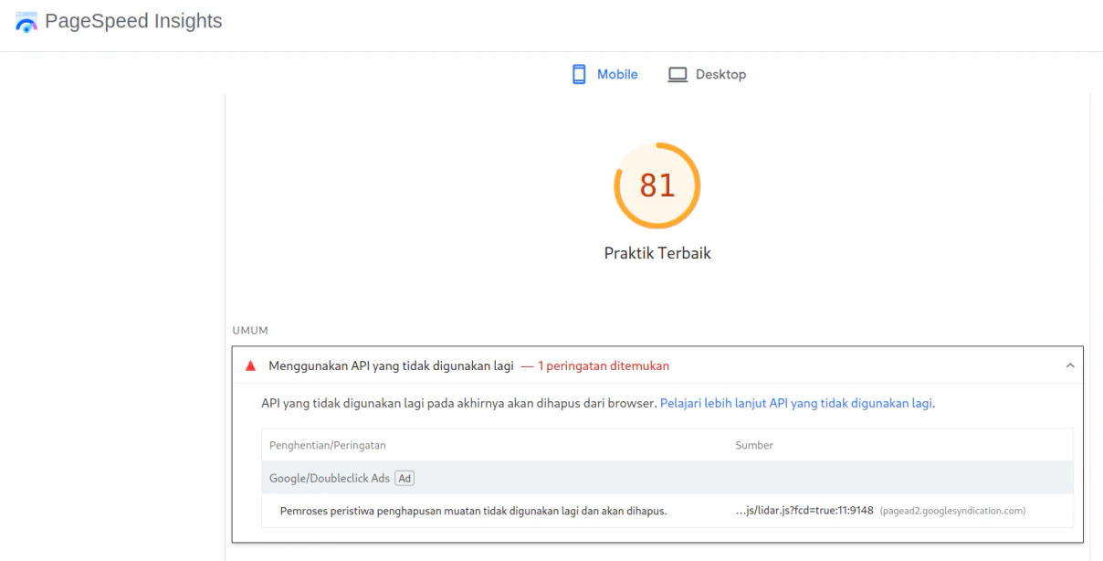 Screenshot Google PageSpeed Insights versi desktop menunjukkan skor Praktik Terbaik di angka 81 karena masalah API usang.