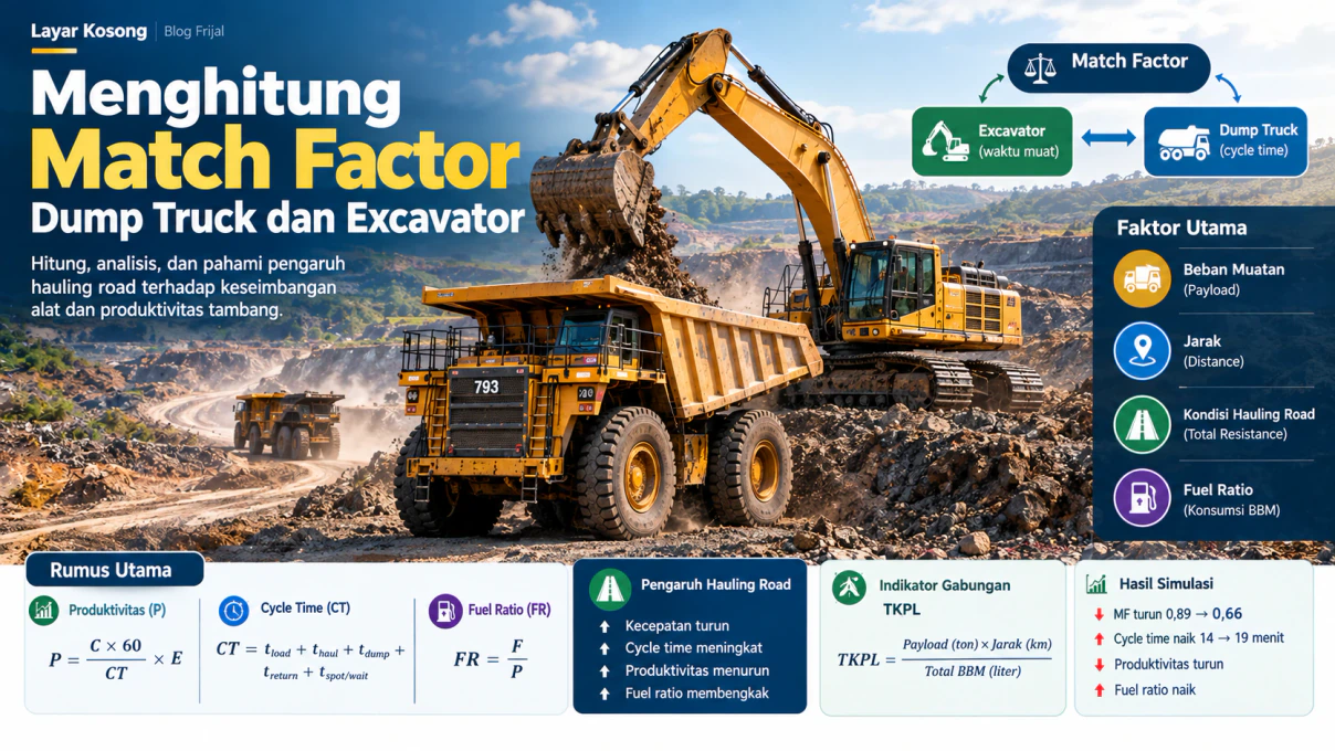 Ilustrasi operasi excavator dan dump truck pada area tambang untuk analisis Match Factor