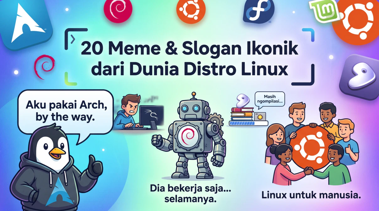 Ilustrasi deretan logo distro Linux dan gaya hidup para penggunanya