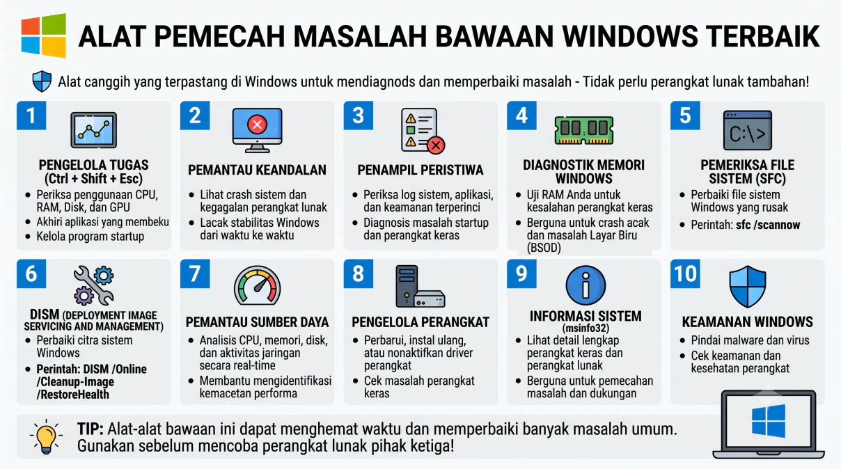 Ilustrasi perangkat komputer dengan layar menampilkan antarmuka diagnostik sistem Windows