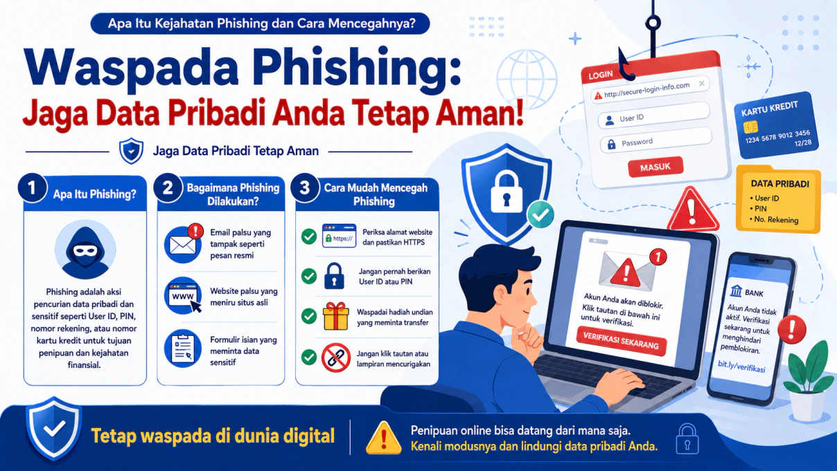 Ilustrasi ancaman phishing di dunia digital yang menampilkan simbol peringatan dan ikon kunci