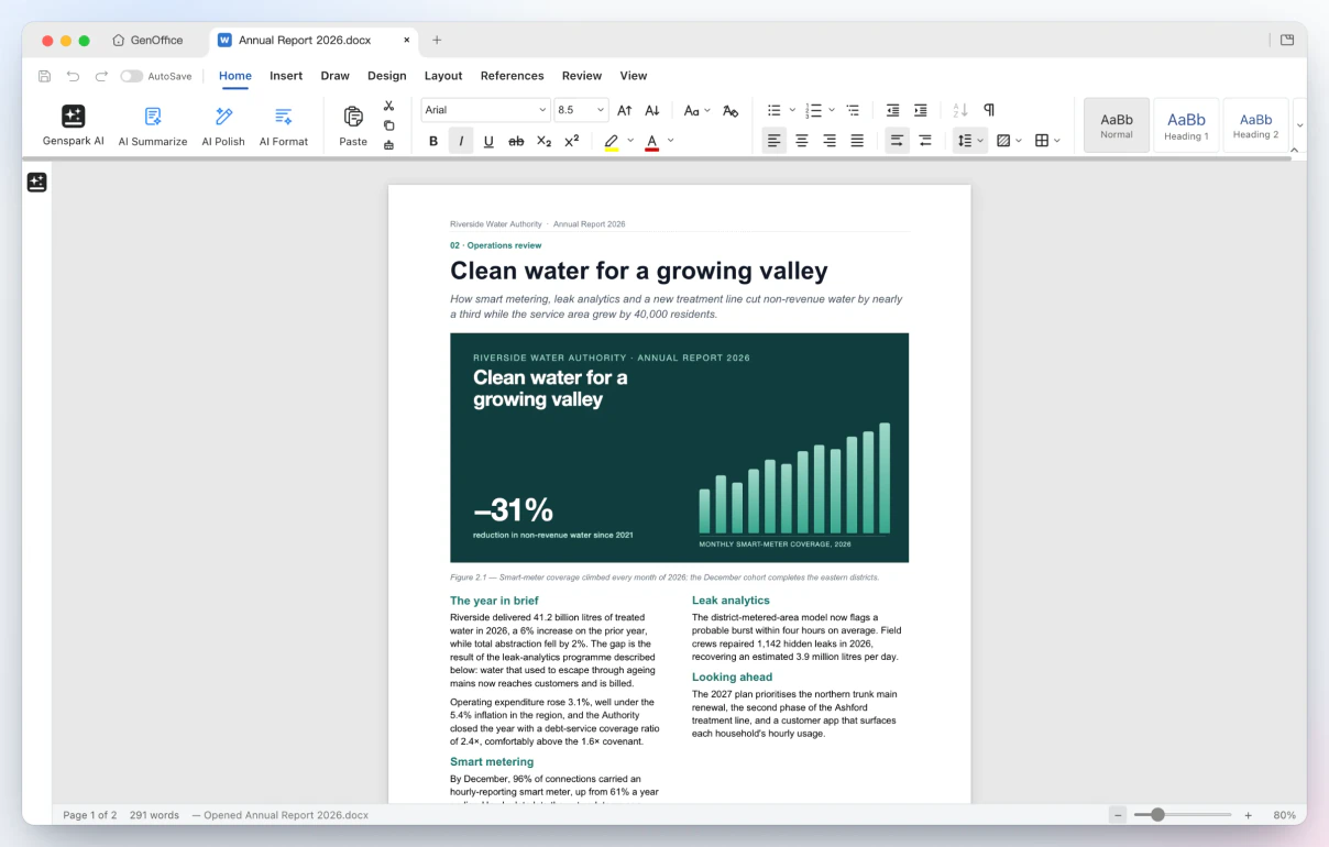 GenOffice Docs menampilkan laporan tahunan dua kolom dengan gambar sampul penuh, tabel KPI berbayang, header dan footer