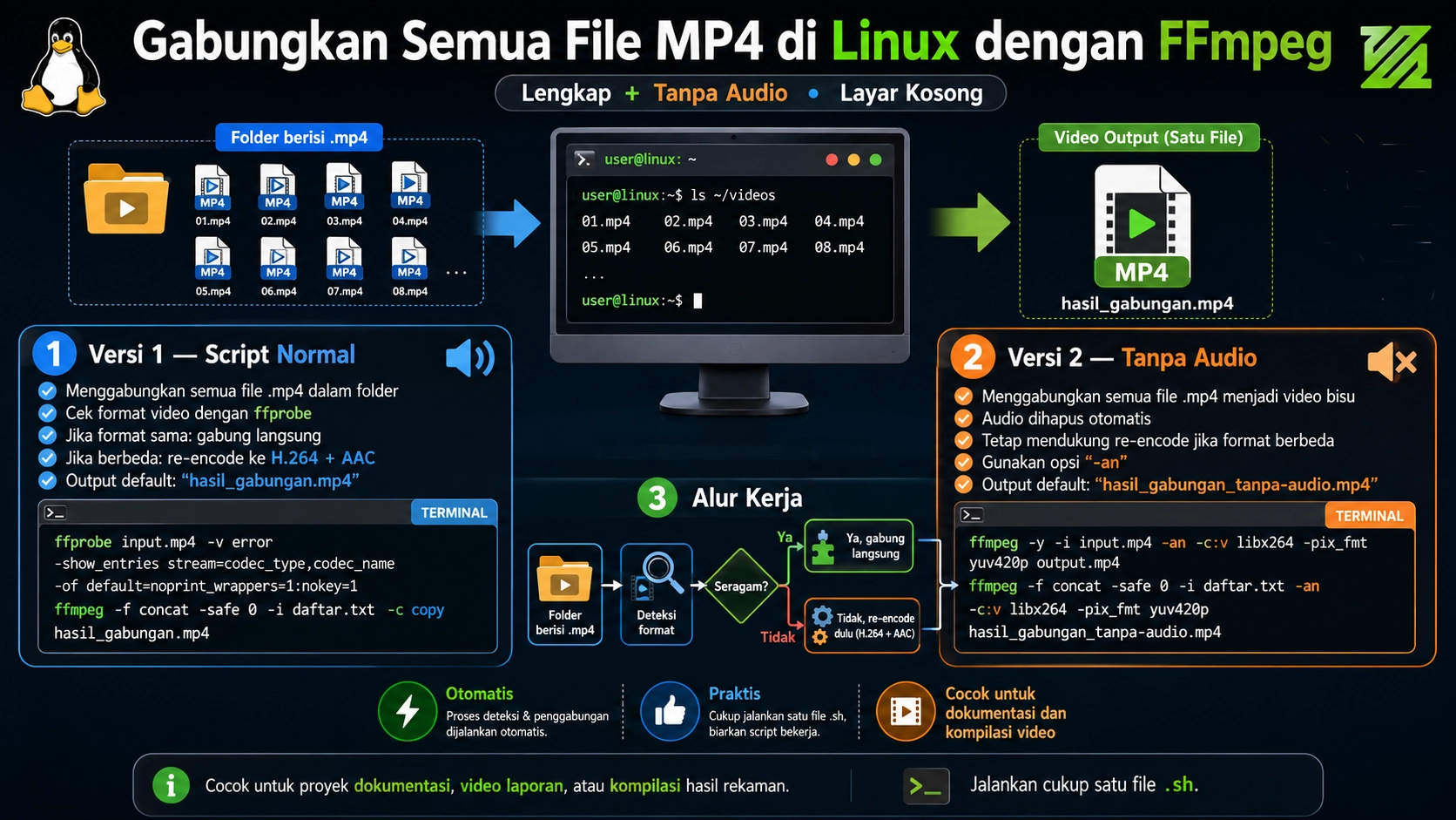 Gabungkan Semua File MP4 di Linux dengan FFmpeg (Lengkap + Tanpa Audio)