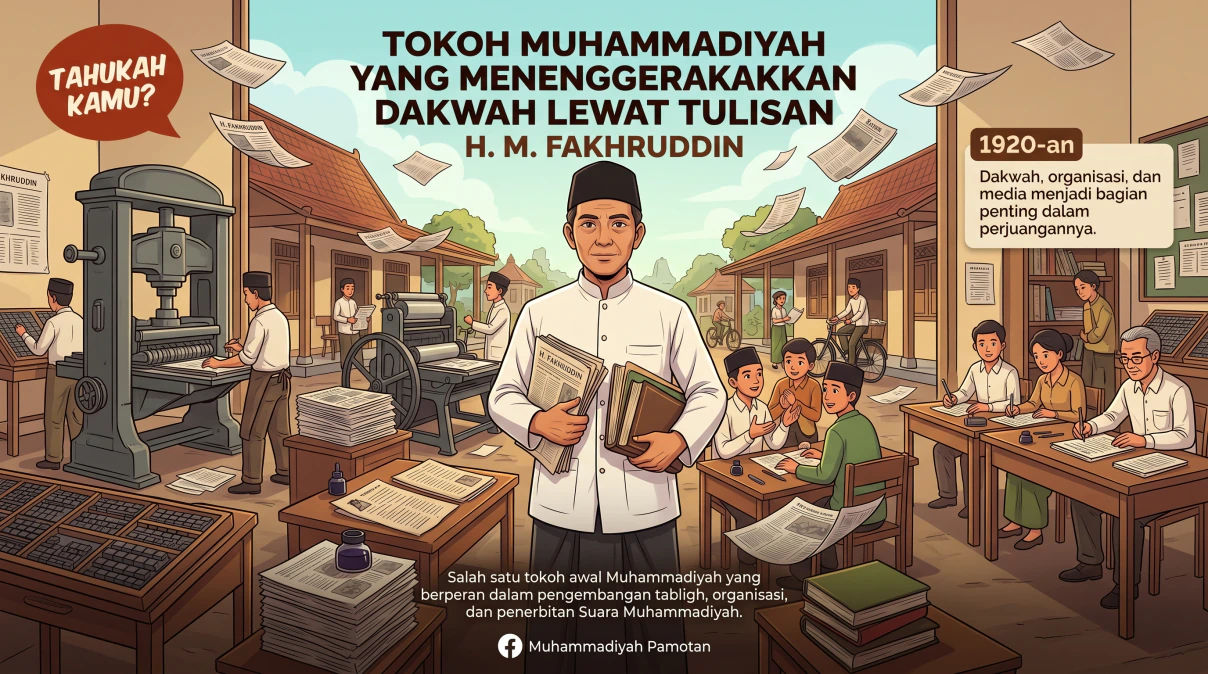 Ilustrasi mesin tik kuno dan koran lama sebagai simbol perjuangan pers KH Fakhruddin