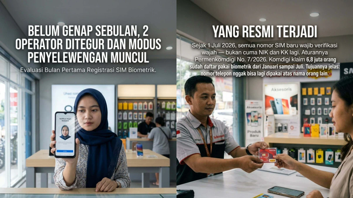 Petugas operator melayani pelanggan dalam proses registrasi SIM card baru menggunakan pemindaian wajah biometrik di konter resmi